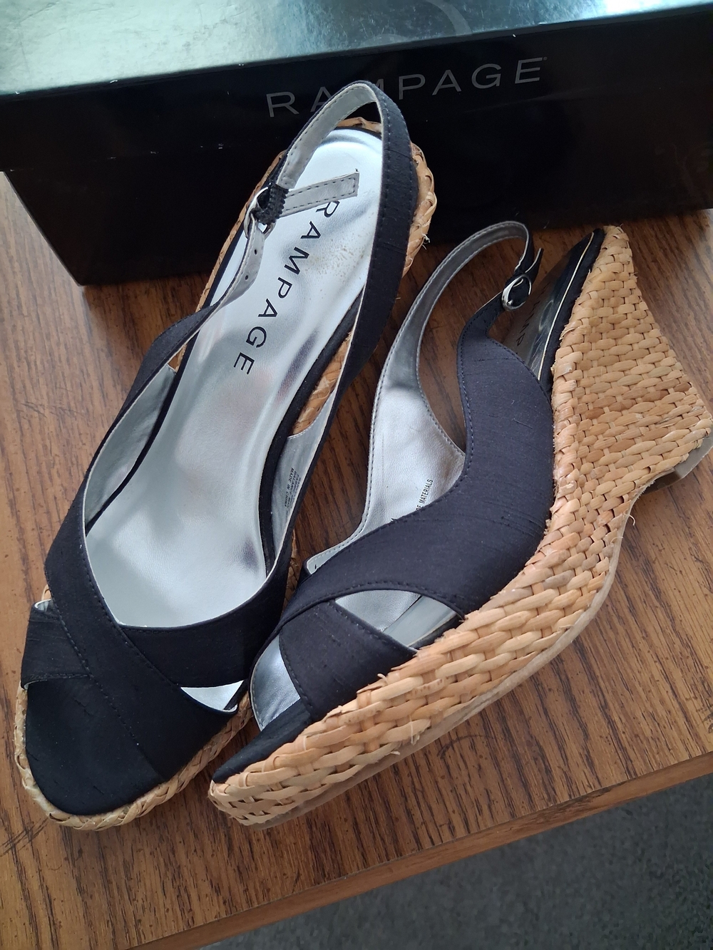 Rampage Black and Tan Woven Wedge Slingbacks